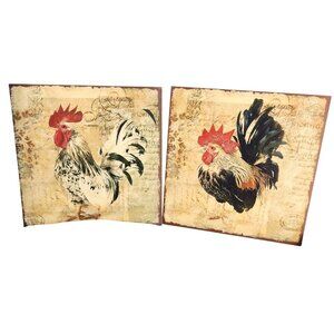 Rustic Farmhouse Rooster Wall Art Set Of 2 Vintage-Inspired Decor 12" Square MDF